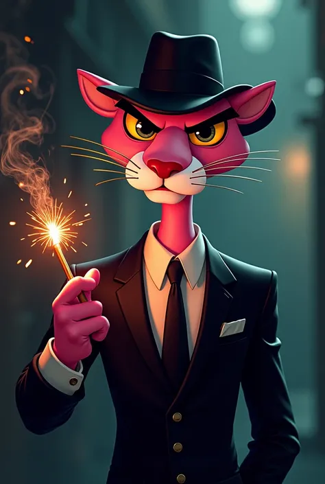 The mafia pink panther smoking firecrackers