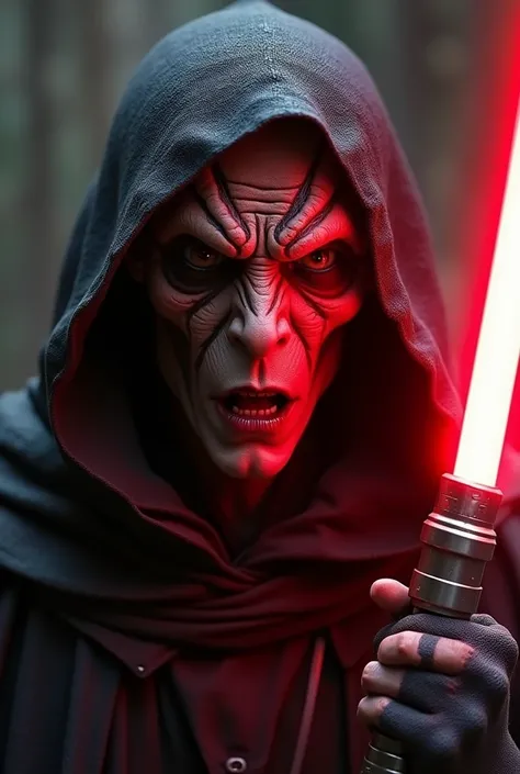 A Sith from Star Wars, darkred scarred skin, mix of human and Alien with big eyes, black cape, dark atmosphere, scary, terrifying, red lightsaber, ultra-realistic