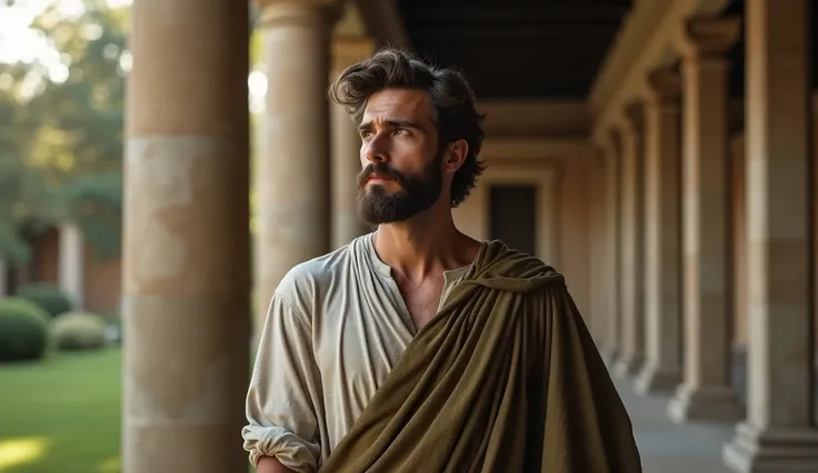 In a tranquil Roman library or serene garden, a male stoic philosopher with a well-proportioned and attractive physique is depicted in a contemplative pose. He wears classic Stoic tunics in muted earthy tones—grey, brown, and olive green—which drape gently...