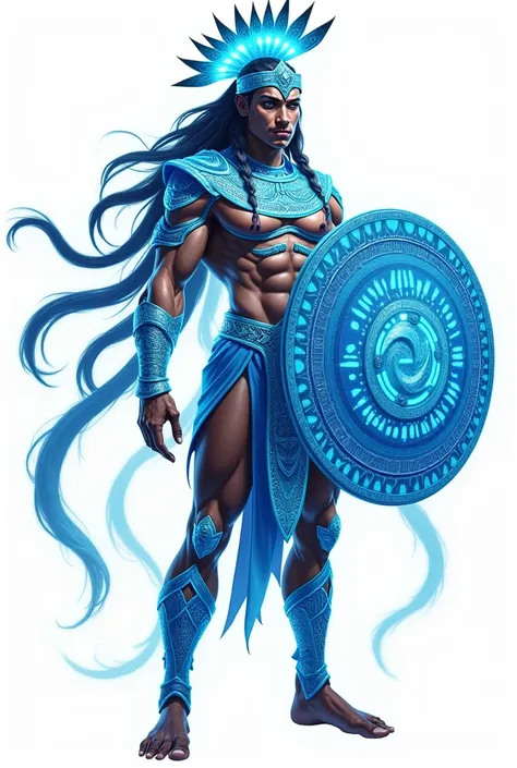 Generate me an image of a Mayan warrior , that has a shield, Generate the Mayan warrior in full body and with a phosphorescent blue and white outfit, dorado, yellow, that it has a png background and that its shield looks complete that the shield is facing ...