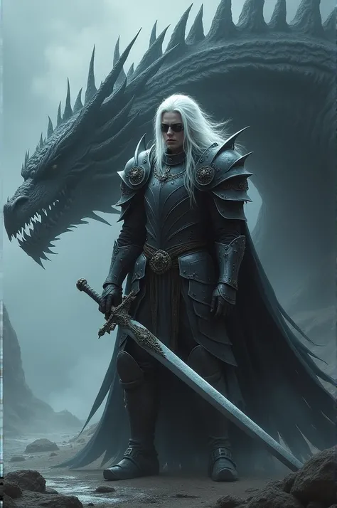 create the image with a white haired character, blind, large, heavy armor and a sword longer than his body, with a giant shadow dragon sleeping in the background
