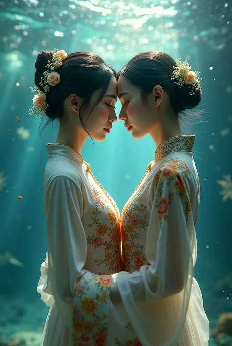 Pure Vietnamese Yuri 16+
The Third Lady and a Young Girl The setting is under the sea Adding to the illusion Wearing traditional Vietnamese costumes Two women next to each other 
