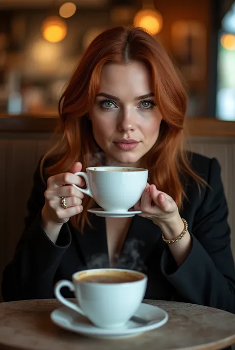  Scarlett Johansson drinking coffee in a restaurant 