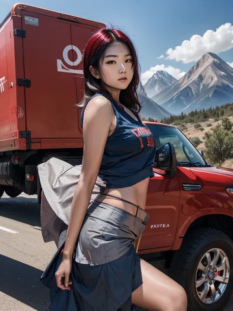 High quality, realistic photo of a young Asian woman wearing a white sports vest and shot ripped skirt posing at eye level in front of a red truck on a vibrant day. The womans right arm is raised in the air, adding a touch of color to the scene. The truck ...