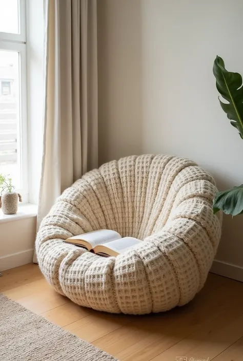 Minimal,daily usage ,multifunctional ,multipurpose, aesthetically pleasing, cozy and comfortable book nook couch with the concept of half broken eggshells and made with crocheting 
