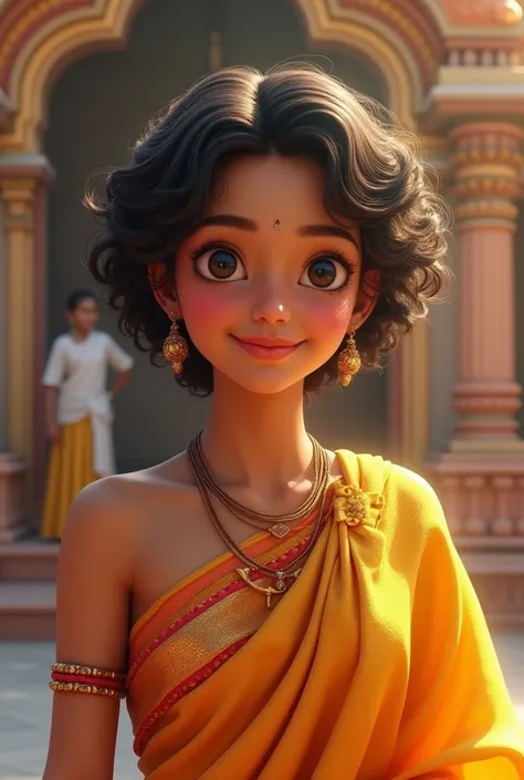 curly  short  hair  cute pretty   young  Indian devotee  smile   fair  skinned    wear   gold orange  yelow  blouse and skirt kovil  background 