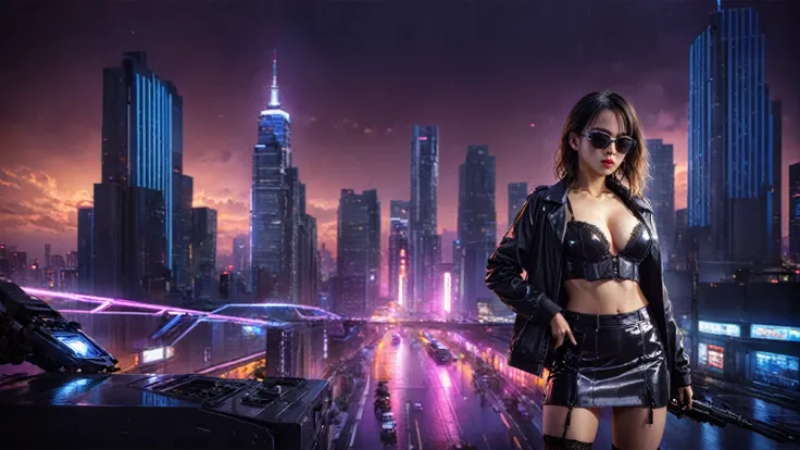 Blade Runner style futuristic Tokyo city, flying cars, neon lights, rainy night. (1girl, solo, alone), large-breast:1.2 slim body, slim face:0.6, cleavage:1.1, sexy laced lingerie, low angle view of miniskirt, jacket, (black micro sunglasses), (holding a s...