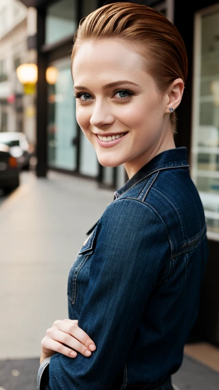 Evan Rachel Wood wearing low-cut fall clothes and smiling