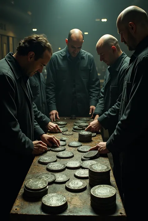 Stark and other accomplices working on counterfeiting coins, Placing metal plates in the press should make everything look old



