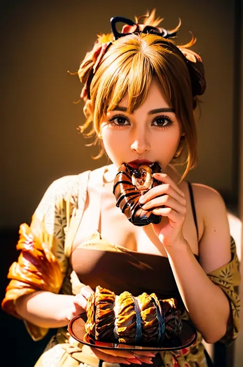 yoimiya, genshin impact, (((eating a chocolate croissant))), ((adorable expression)), ufotable style, anime, bright eyes, red ha...