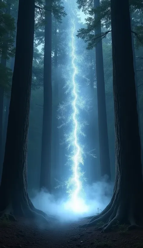 An ethereal barrier glowing with soft, pulsating light, situated between ancient, towering trees in a dense forest. The Veil appears as a semi-transparent curtain of shimmering, silver-blue energy. Mist swirls around the base, and the light seems to whispe...