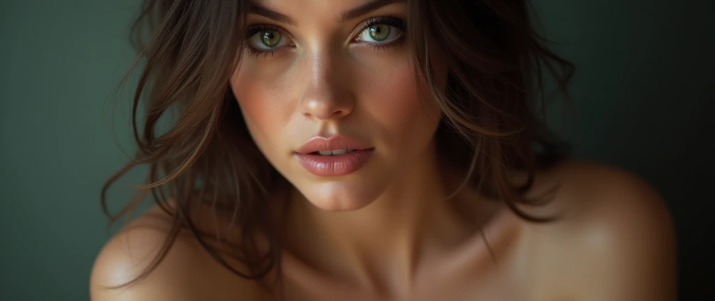 a woman with beautiful detailed eyes, beautiful detailed lips, extremely detailed face, long eyelashes, large breasts, naked, inverted nipples, dildo in pussy, photorealistic, hyper detailed, 8k, high quality, realistic, cinematic lighting, dramatic colors