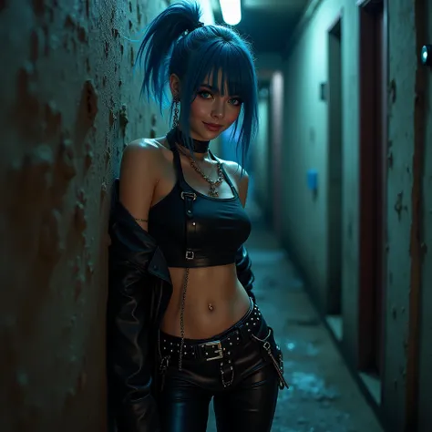 (raw photo, Best Quality), Cute jinxed girl with blue hair, (blue hair single ponytail), (hair over one eye), (alley background), low light, Very dark eyeliner, jinxlol, Nice smile, beautiful face , Lovely, punk, way there,  , young man looking, hyper deta...