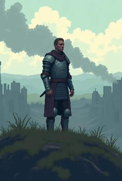 Make pixel art,medieval warrior who saw his kingdom destroyed on a hill