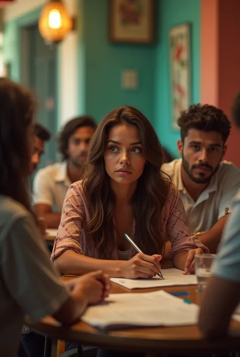 (photorealism:1.2), Girl age 25, Long Brown wavy hair, Brown eyes, sitting in a meeting for her next DJ party together with other people, cuba