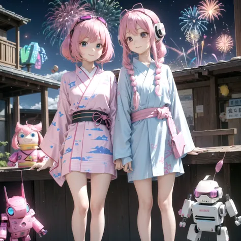 Pink haired elementary school student、Sister and Brother、vr goggles、Aurora、Humanoid Robot、Summer vacation、homework、hot summer、Drone in the sky、firework、future、2050、Afutureの世界、cyber-、Robot Dog、robot bird、Robot Cicada、yukata
