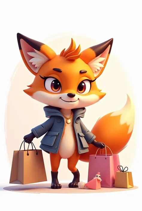 I want to create an avatar for my TikTok channel called Shopping Addict. Avatar size requirement is square, White background, has a picture of a mischievous female fox shopping for many things.