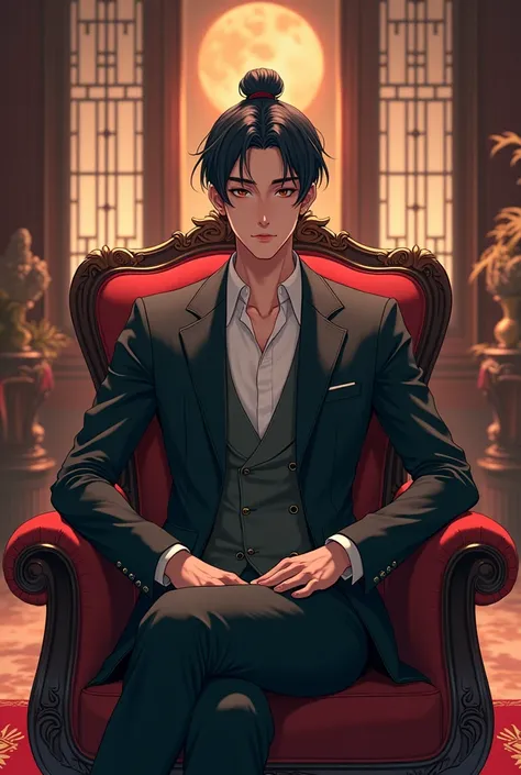 A handsome chinese young man anime, sitting in a chair in a big house