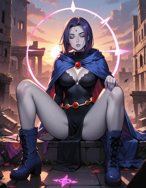 score_9, score_8_up, score_7_up, score_6_up, BREAK 1girl, (Raven, grey skin, bare legs, cape, boots:1.5), sexy woman, cleavage, BREAK (spells, pink energy, rune symbols:1.2), (sitting, legs spread:1.3), eyes closed, BREAK (building ruins:1.1), (sunset:1.2)...