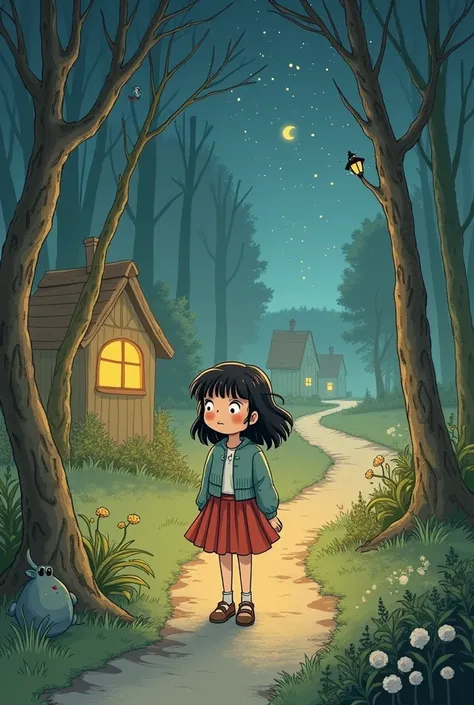 Create an image for story books 
One day, she decided to investigate and gather her courage, convinced that the mysterious sounds were from a monster. Can make a girl 