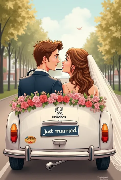 A drawn picture. Bride and groom sitting in a wedding car. Bride and groom have brown hair. You can see them through the rear window of the car. The car has the Peugeot logo on it and is decorated with flowers. The license plate says “just married” 