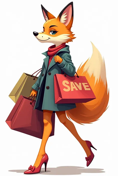 I want to create an avatar for my TikTok channel called Shopping Addict. Avatar size requirement is square, White background, has a picture of a graceful female fox shopping for many things.