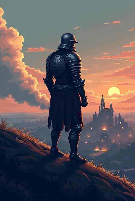 Make pixel art,a medieval warrior wearing full armor and helmet and watching his kingdom being destroyed on a hill