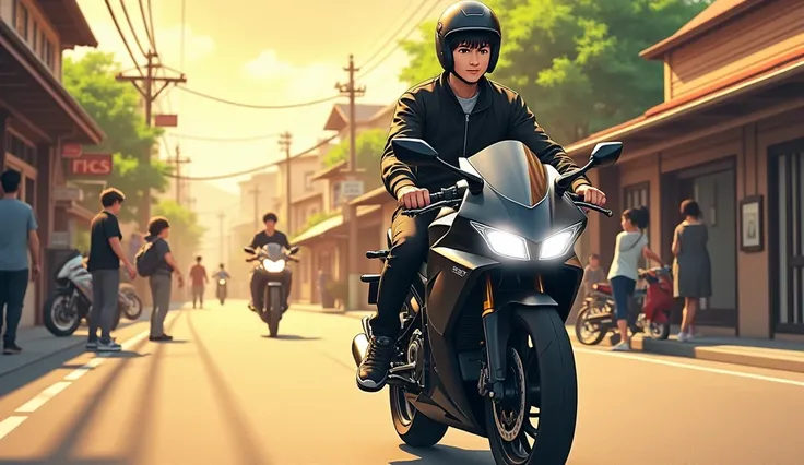 3D anime illustration, A 20-year-old, thin, 1.80-meter-tall young man, with his black Honda Sport CB1500cc motorcycle, wearing a complete black jacket with a sports helmet. arrived in a small town with simple buildings on the side of the road. The afternoo...