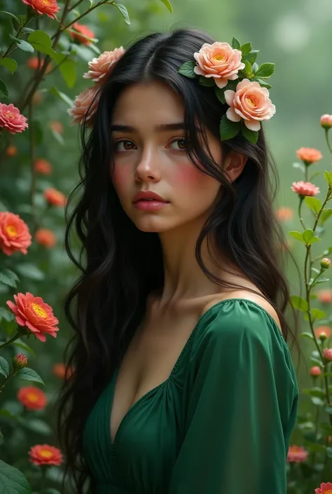 Sad Persian Latina girl, flowers her had, brown eyes, Green dress long, in garden