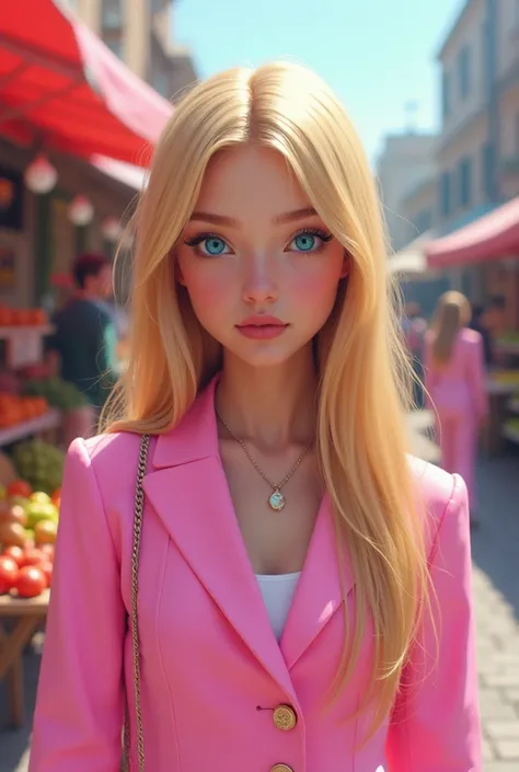 market, Neo-pop, pastel colors, By Jimmy Marble, Portrait，long blonde hair, straight hair，pink clothes，straight hair，blue eyes，Barbie