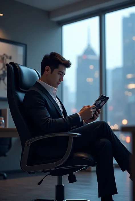 An important young man thinking sitting office chair with a tablet on his hand