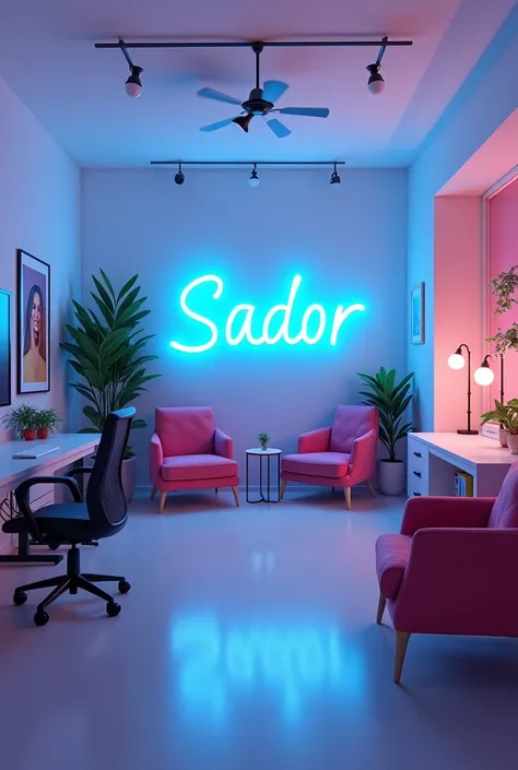 Generate me a picture that looks like my room is for a YouTuber that have white blue neon light says Sador image ratio 16:9