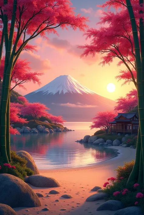 wallpapr. 4k. beach. full HD. red cherry trees. hyperrealistic. green bamboos. 4k. sunset. full HD. fuji background. hyperrealistic. japaneese houses surroundinds. hyperrealistic. 4k