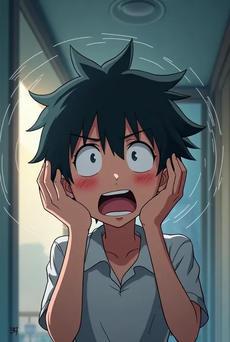 Teen boy feeling very  dizzy in anime