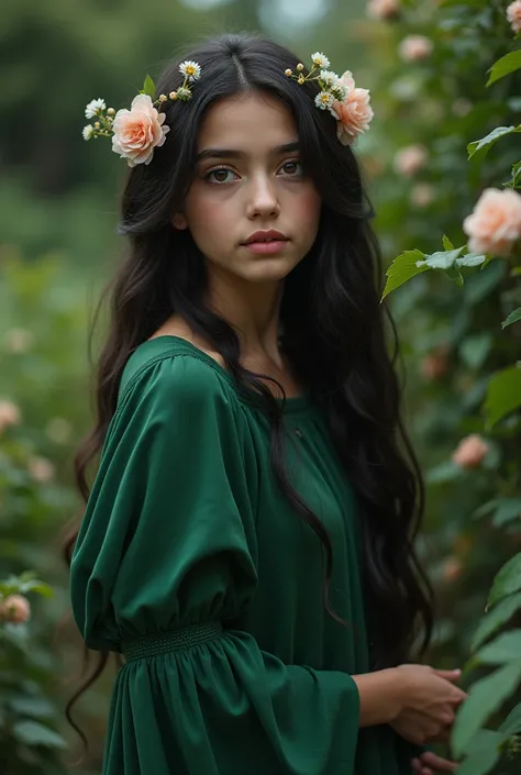 Sad Persian Latina girl, flowers her had, brown eyes, Green dress long, in garden closed dress
