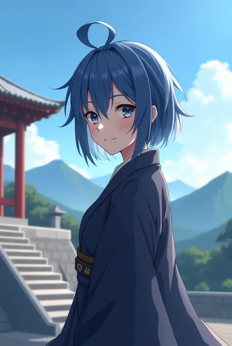 raidenshogundef, upper body, smile, blush, outdoors, day, simple background, blue sky, short hair, sky, temple, looking at viewer, stairs, mountain, moody lighting, facing viewer,