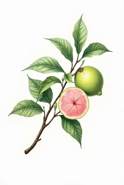 create a botanical style drawing of a guava branch with one open and one closed guava fruit