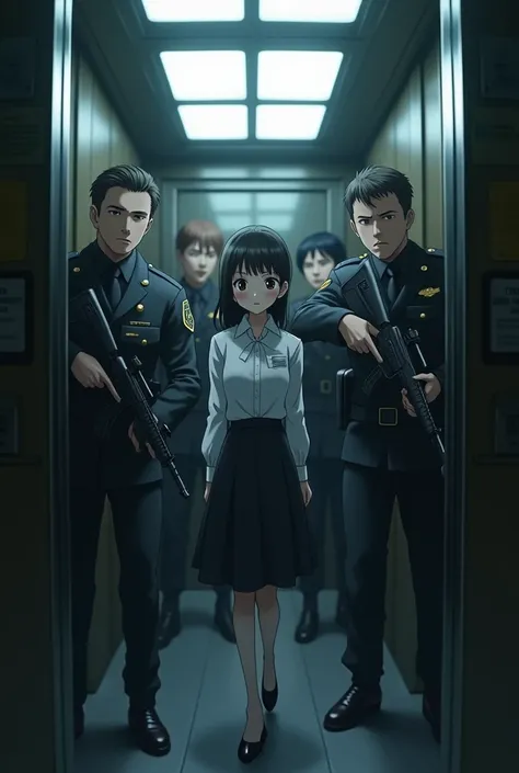 Anime office worker lady really stuck in elevator with soldier cod men
