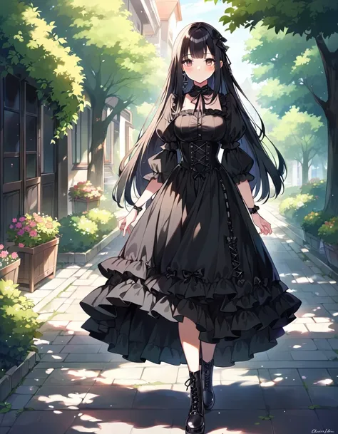 Woman, cute, kawaii, straight hair, long hair, black hair, full breasts, walking, sunny, full body, lolita fashion, gothic fashion, daytime, sunlight