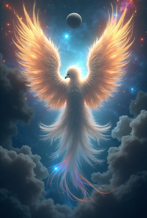 In the center a creature in the form of a bird and an angel of white light, around planets, stars and colors
