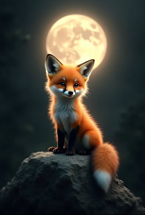 Cute Baby fox ,sitting on rock,black Background with moon,mystical spotlight