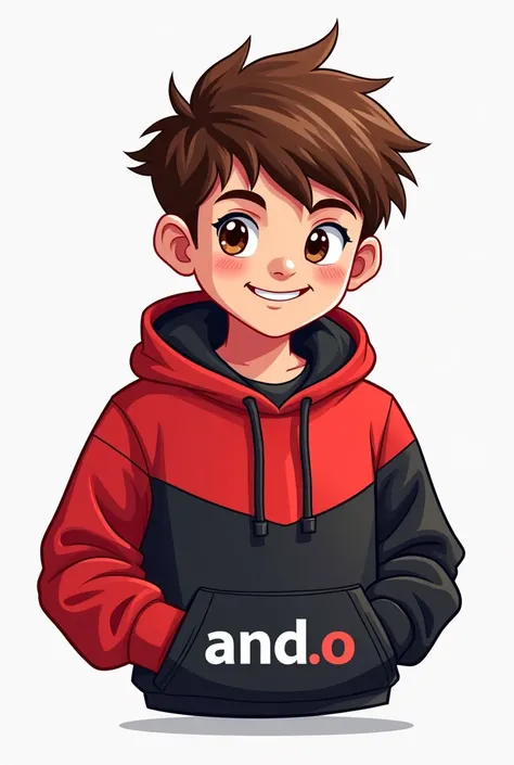 Create a logo of a brown haired baby gamer boy, red and black sweatshirt, and with a message "and. O" 