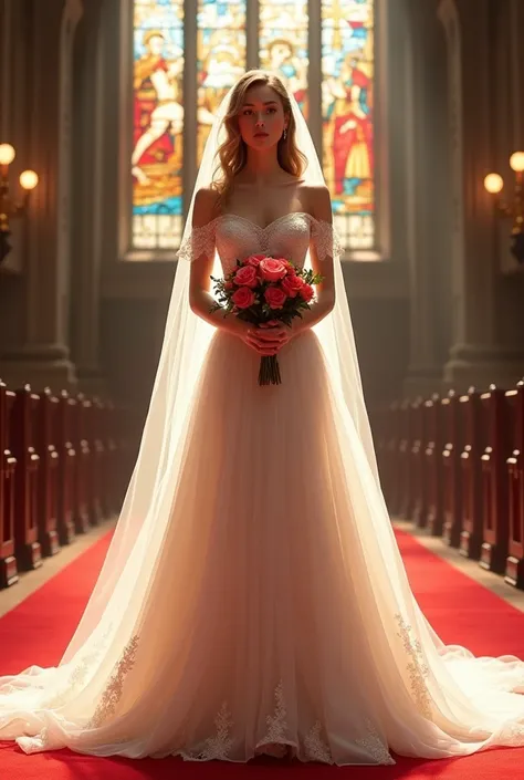 AMY put on her most beautiful.The most gorgeous.The most noble wedding dress.Standing on the red carpet in a church with stained glass.She held a large bouquet of bright roses in her hands.And AMY is more beautiful than flowers.