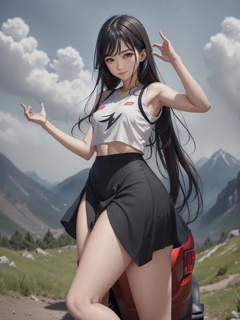 High quality, realistic photo of a young Asian woman wearing a white sports vest and shot ripped skirt posing at eye level in front of a red truck on a vibrant day. The womans right arm is raised in the air, adding a touch of color to the scene. The truck ...