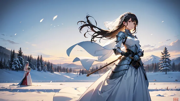 (masterpiece), best quality, expressive eyes, perfect face, A woman standing alone in a snowy field, wearing a short wedding dress and armor, in a proper shooting stance, anime style