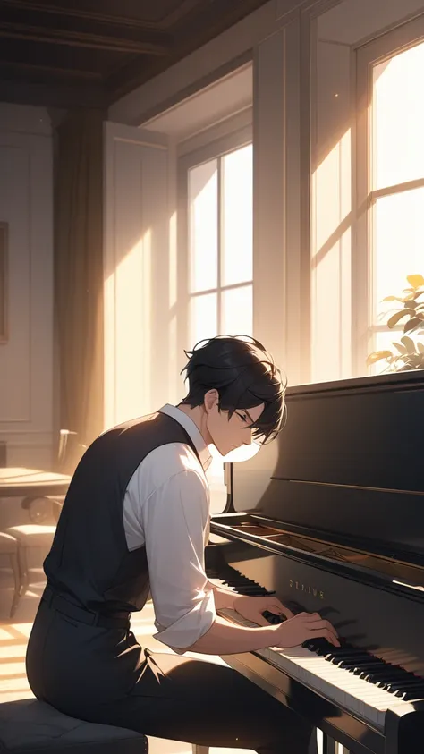 High quality image; man playing the piano in a room lit by the sun from the window; short, tidy black hair, white dress clothes with rolled-up sleeves; black dress pants. Serious expression.