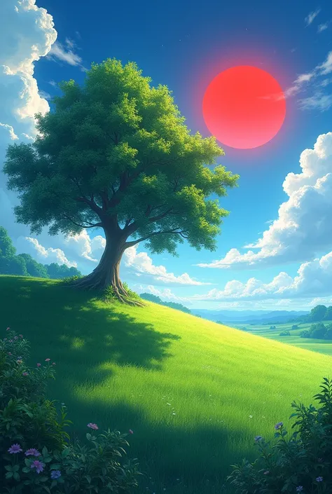 A green field, big tree shadow,blue sky,red sun.