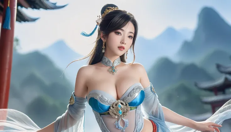 high quality,HD,16K,Sharp Line,1 Girl,fantasy, （Fire Spirits）,Pretty Face, Large Breasts, Beautiful legs,In the mountains,Focus Girl,detailed Pretty Face,Detailed clothes,beautiful eyes,Cool,Sexy,Dynamic Angle,穿着华服的神明Strike a pose拍照, Ancient mysterious sex...