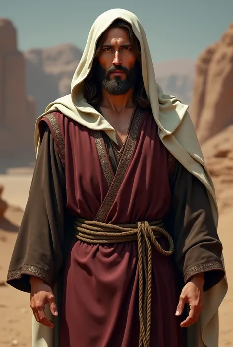 Create a realistic full-body image of Jesus wearing a dark brown rustic robe with collar detailing, a burgundy vest-style robe with sleeves, a rope tied around his waist, and a veil over his head and wrapped around his neck, in white. Jesus must not wear a...