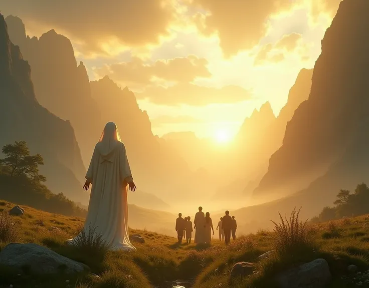 {
  "size": "1792x1024",
  "prompt": "A breathtaking, ultra-realistic, and cinematic scene showing a vast, ancient landscape during the dawn of creation. The scene includes a radiant sunrise casting golden light across a lush, serene valley, with towering ...